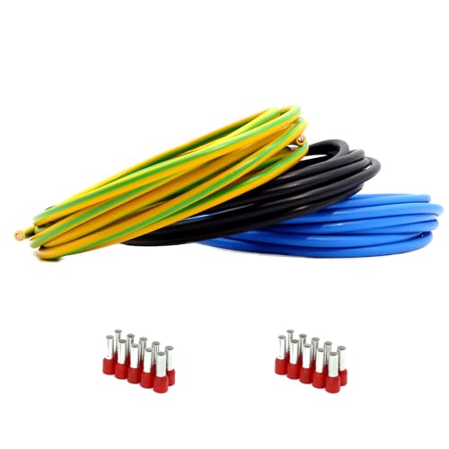 Event-Kabel&more Verdrahtungssatz je 2m schwarz, blau, grün/gelb Aderleitung flexibel H07V-K 10 mm² inkl. Aderendhülsen 10mm2 für Zählerschrank Verteilung (Set 3x 2 Meter & 20 AEH)