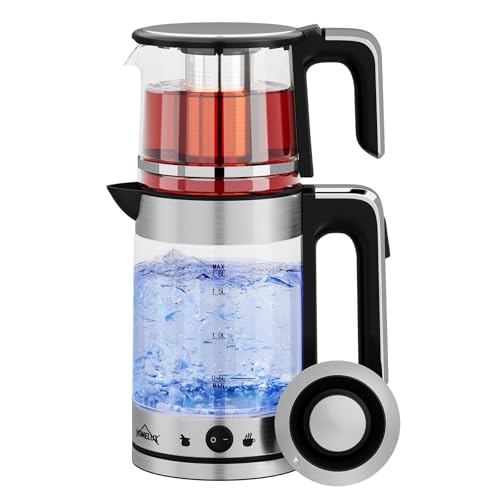 HOMELUX Glas Wasserkocher 1.8L + 1.2L Teekannen 1800W Wasserkocher mit Heizfunktion und Teetrichter, Kabellos Wasserkessel mit 360° Basis, BPA frei, Trockengehschutz, Auto-Off, Edelstahl