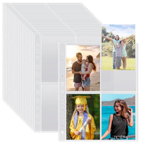 50er Pack A4 Fotohüllen mit 400 Fächern für 2/3/4-Ringordner, Transparente Postkartenhüllen mit 4 Fächern, Klarsichthüllen a4, Top Loading Nachfüllseiten für Fotoalben (109x153 mm).