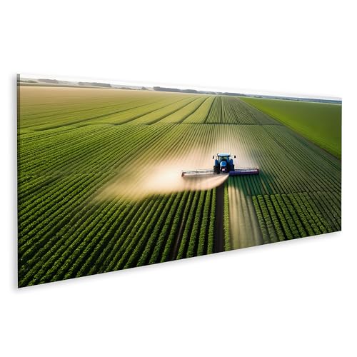 islandburner Bild auf Leinwand Ein blauer Traktor durchquert eindrucksvoll ein üppiges, grünes Feld Kinderzimmer Landmaschinenhandel Leinwandbild