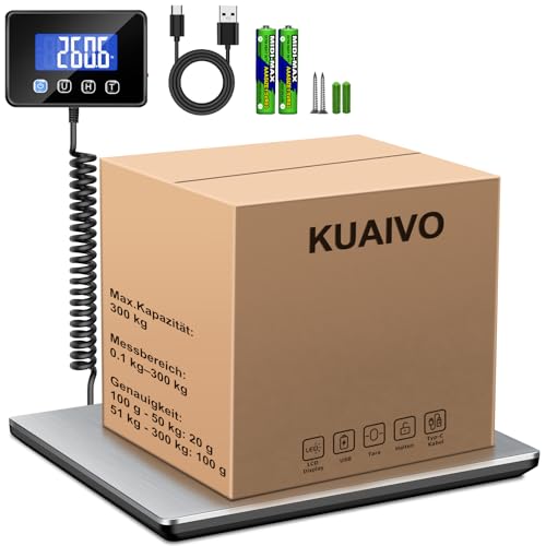 KUAIVO Paketwaage, 300kg/20g Hochpräzise Plattformwaage mit LCD/Hold/Tara Funktion, Postwaage aus Edelstahl für Pakete, Gepäck, Lagerhaus, Unternehmen und für den Hausgebrauch, Aufladbar