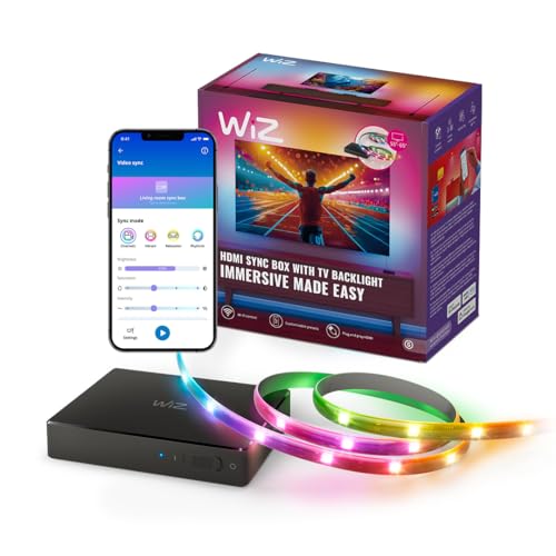 WiZ HDMI Sync Box mit TV Beleuchtung, Synchronisiert Licht zu Filmen/Games etc., HDMI 2.0 unterstützt 4K bei 60Hz,RGBIC LED Strip für 55-65 Zoll, App-/Sprachsteuerung, funktioniert mit Google &Alexa