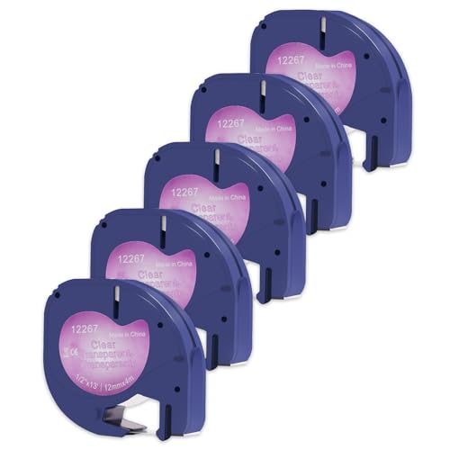 Doree 5er-Pack Kompatibles Etikettenband für Letratge LT-100H, LT-100T, LT-100T Plus, LT 200B, LT 2000, QX50 - Schwarz auf Klar, 16951 12267 S0721530, 12mm x 4m