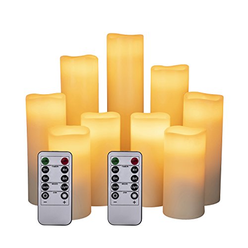 Hanzim LED Kerzen Set von 9 Flammenlose Kerzen Batteriebetriebene Kerzen D2.2xH 4 "5" 6 "7" 8 "9" Echtwachssäule Kerzen Flackern mit Fernbedienung und Timer-Steuerung, Elfenbein Farbe（9x1）
