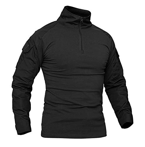 KEFITEVD Herren Militär Shirt Männer Eng Langarmshirt Herbst Sweatshirt Jagdhemd Multicam Oberteil Tactical Shirt mit Klettfläche Paintball Shirt Frühling Schwarz M