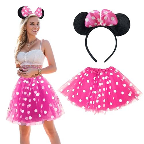 Damen Maus Mouse Kostüm, rote Tutu mit weiß Gepunktet, Haarreifen mit schwarz Ohren und rote Schleife, Cosply Kostüm Accessoire für Halloween Motto Party (Pink)