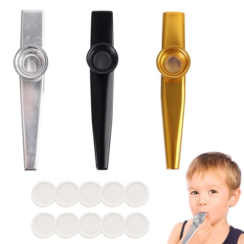 Jasminum 3 Stück Kazoo Set, Kazoo Instrument aus Aluminium, mit 10 austauschbaren Membranen, golden, für Kinder und Musikliebhaber