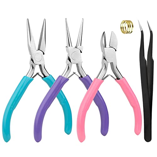 5 Stück DIY Schmuckzange Set Bastelbedarf Werkzeuge Set Mini Schmuckzange Kettenzangen Rundzangen Spitzzangen Diagonalzangen für Schmuckherstellung Handwerk