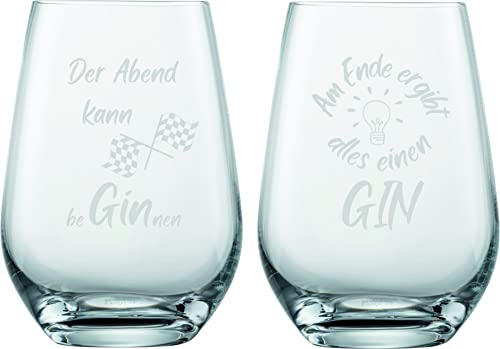 Schott Zwiesel 2er Set Ginglas 548ml mit Gravur Der Abend kann beGINnen & Am Ende ergibt alles einen Gin – lustige Geschenkidee für Ginliebhaber, Frauen, Männer, Freunde (ohne Stiel, Set 1)