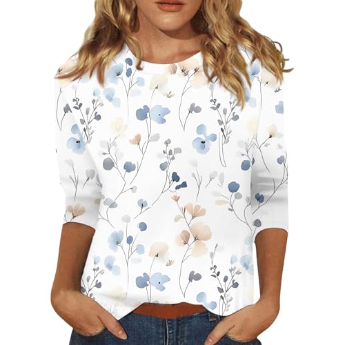 Generisch Lastminite Angebote,Pullover Damen Bunt Tshirt Langarm Damen Damen Bluse Mit Blumenmuster,Lässige 3/4 Ärmel Weiches Material Für Frühling Und Sommer （Weiß，XXL）