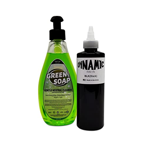Kit Tattoo Ink Dynamic Black 240 ml (8oz) + Green Soap 500 ml – Schwarze Tinte + Tattoo-Reinigungsseife