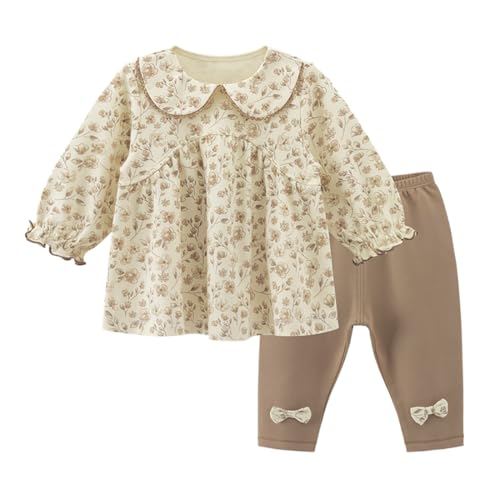 gurcooc Babykleidung Set Baby Mädchen Baumwolle Langarm Rüschen Blumen Kleid Taille Hose Bekleidungssets Weiche Outfit Kleidung, 9-48 Monate