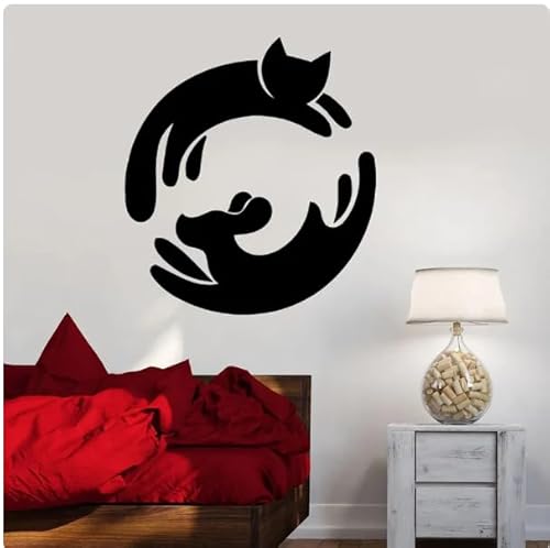 Wandtattoo Hund Katze Haustier Aufkleber Haustierhandlung Zuhause Schlafzimmer Wohnzimmer Innendekoration Niedliches Wandbild, Schwarz, 57x62cm Selbstklebender abnehmbarer moderner Vinyl-Posteraufkl