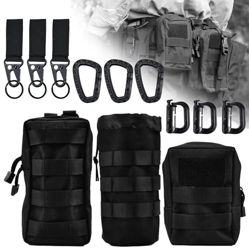 BUZIFU 3 Pack Molle Tasche Pouch Schwarz Taktische Rucksack Militär Wasser-Flaschenhalter EDC Utility Bauchtasche Hüfttasche mit 3 Haken und 3 Karabiner und Schlüsselanhänger für Jagdwerkzeuge