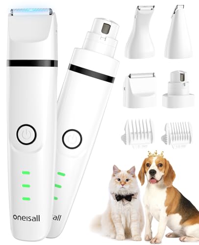 oneisall 4in1 Leise Schermaschine Hund Katze, Wiederaufladbar Hundeschermaschine&Pfotentrimmer&Krallenschleifer mit 4 Multifunktions-Schneidköpfen für Körper, Pfoten, Augen, Ohren, Gesicht (Weiß)