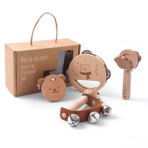 Mamimami Home 4 Stück Musikinstrumente für Kinder ab 1 Jahr, Holzbär Musikspielzeug, Montessori Vorschule Musical Spielzeug, Tamburin + Rassel + Rassel mit Griff + Griffschellen
