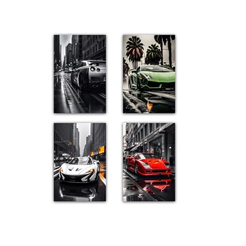NebulaNova Luxusauto-Leinwanddrucke Sportwagen-Poster Supercar Ästhetik Coole Straßenauto-Wandkunst für Jungen Zuhause Schlafzimmer Büro Wohnheim Zimmerdekoration (4 Stück 20 x 30 cm Ungerahmt)