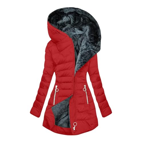 Generisch Wintermantel Damen Winterjacke Warme Gefüttert Steppjacke Lange Daunenjacke mit Kapuze Parka Langarm Winterparka Einfarbig Hoodie Jacke Baumwolle Mantel Warehouse Deal Rot L