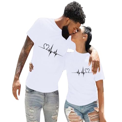 Neon Kleidung Damen Liebes-Elektrokardiogramm-Druck-Rundhalsausschnitt-Kurzarm-Liebhaber-Kleidung für Mädchen Damen Shirt Gestreift (White, XXL)