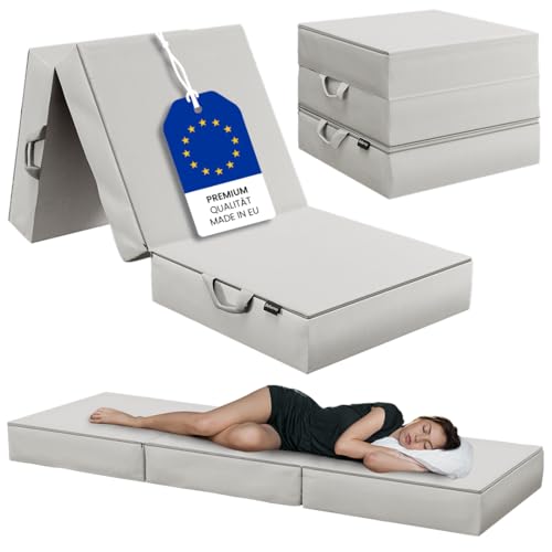 Bellamio Klappmatratze Lomme, Gästematratze 3-Fach faltbar, Faltmatratze Höhe 15cm Schaumstoff extra dick, waschbarer Bezug Reisematratze 90x200x15 cm mit Tragegriffen, Bandscheibenwürfel hellgrau