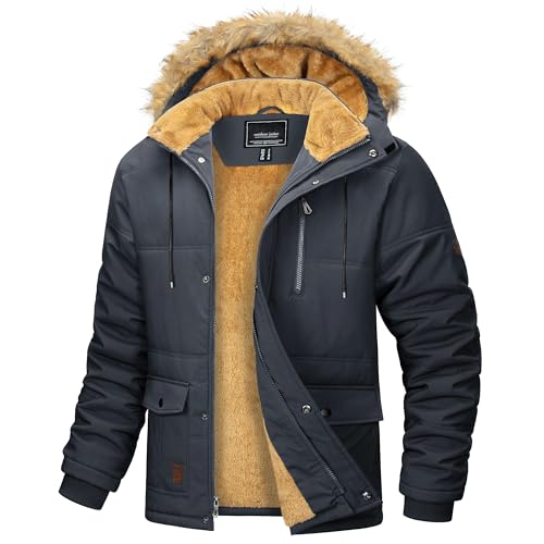 MAGCOMSEN Herren Warme Winterjacke Fleece Gefüttert Parkamantel Winddicht Wasserdicht Trekkingjacke Herren Outdoor Funktionsjacke Jagd Angeln Jacke mit Fellkapuze Dunkelgrau XL