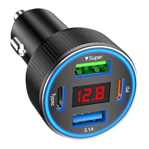 Zigarettenanzünder USB C, 4-Port USB-C Zigarettenanzünder Adapter, 12v USB Adapter Auto PD/QC Handy Auto Ladegerät with Voltmeter kfz Schnellladegerät für iPhone Samsung Telefon Tablets