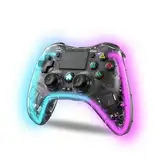NK Controller für PS4 / PC/Android - Wireless Controller mit 2-Shock, 6 Achsen, 2 MACRO-Tasten, 7 LED-Lichtmodi, Touchpad, Kopfhöreranschluss, Ladekabel inklusive - Transparent Schwarz