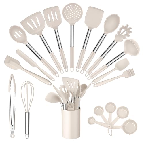 TEAMFAR Küchenhelfer, 20 Stück Silikon Küchenutensilien Set mit Edelstahlgriff, Hitzebeständiger Khaki Kochbesteck Kochutensilien mit Utensilienhalter