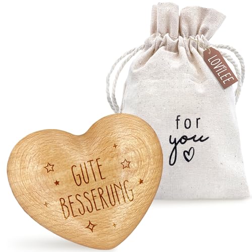LOViLEE® Gute Besserung - Handschmeichler Holz Glücksbringer OP - Holz Herz inkl. Geschenkbeutel & Grußkartenset - Mutmacher Geschenk, Schutzengel Geschenk, Gute Besserung Geschenke Frauen