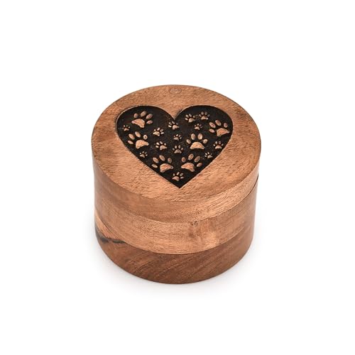 EDHAS Dekorative Urne aus Akazienholz, Holzurne für menschliche Asche, runde Form, schöne gravierte Holzurnen (8,9 x 8,9 x 6,3 cm)