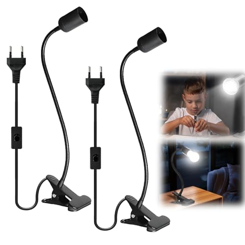 2 Stück Klemmleuchte: LED-Lampenfassung E27, E27 Lampenfassung mit Clip, Klemmlampe 360° Einstellbar Flexiblem Schwanenhals für Lesen Innen Beleuchtung, Bett Nachtlesen (Schwarz)