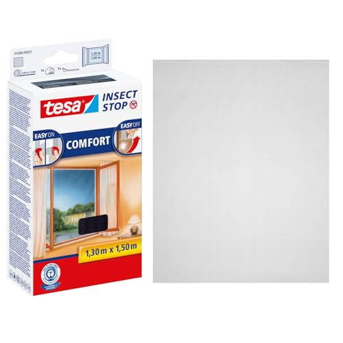 tesa Insect Stop Comfort Fliegengitter für Fenster - Insektenschutz mit Klettband selbstklebend - Fliegen Netz ohne Bohren - anthrazit (durchsichtig), 130 cm x 150 cm