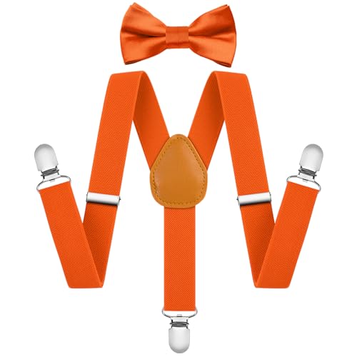 AOOWU Hosenträger für Herren, Breit 2.5 cm mit sehr Starken 3 Metall Clip, 2er Set mit farblich passender Fliege, Einstellbar und Elastisch Einheitsgröße für Junge und Mädchen (Orange-rote)