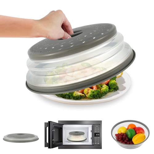 Jokapy Mikrowellen Abdeckung Faltbar, Abdeckhaube Mikrowelle 26.5cm Filterkorb Obstfilterkorb, Hoch Mikrowellen Spritzschutz Mit DampflöChern für Mikrowelle Verhindert Spritzen (1, Grau)
