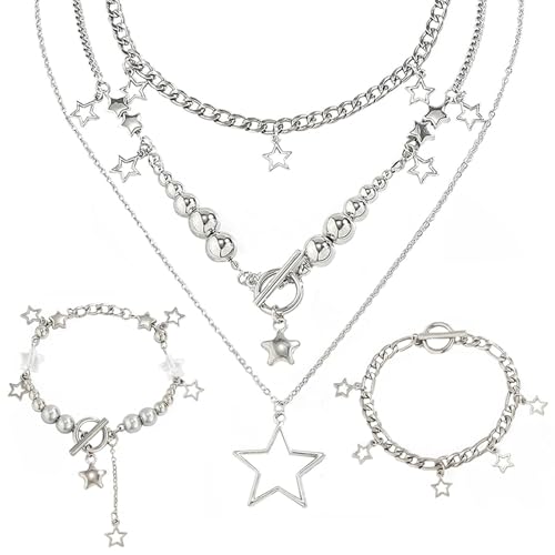 Y2k Schmuck, Y2k Accessoires, 3 Stück Silbernes Stern-Halsketten Set im Y2K Stil, Süße Halskette Aesthetic Schmuck Vintage Emo Schmuck, Mehrlagige Stapelbare Necklace Y2k für Frauen und Mädchen