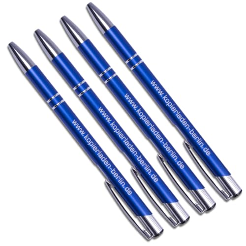 Kopierladen Karnath GmbH Personalisierbarer Kugelschreiber mit eigenem Text und Logo gestalten - Blauer Kuli aus Metall mit Ansteckclip, blaue Tinte, 50 Stück,