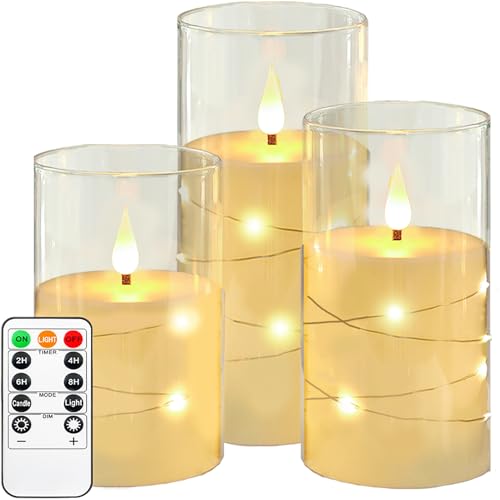 Kiexung LED-Kerzen, LED-Kerzen mit eingebauter Lichterkette, batteriebetriebene Kerzen, Plexiglaskerzen mit Fernbedienungs-Timer, festliche flammenlose Kerzen, Wohnkultur, 3-teiliges Set (Elfenbein)