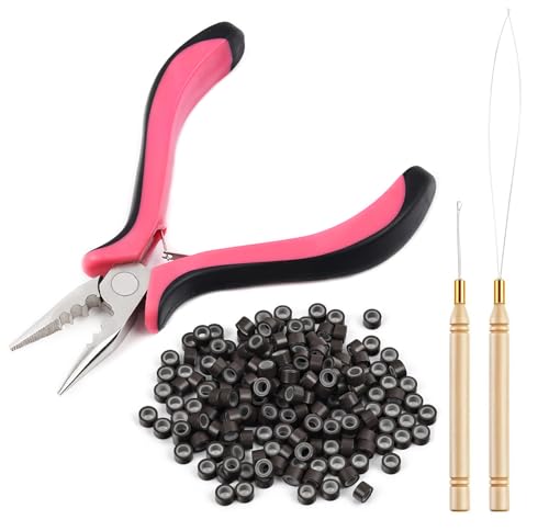 Vlasy Haarverlängerungszange Kit mit 1 Stück 3 Loch Hair Extensions Zange und 100 Stück 5mm Microringe 1 Stück Microring Nadel Einfädler 1 Stück Ziehen Haken für für Haarverlängerungen(Dunkelbraun)