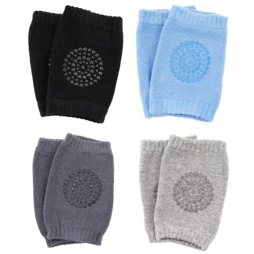 Winkwinky 4 Paar Baby-Knieschützer zum Krabbeln,rutschfeste elastische mit Gummipunkten für Jungen und Mädchen im Alter von 0–24 Monaten(schwarz blau grau dunkelgrau)