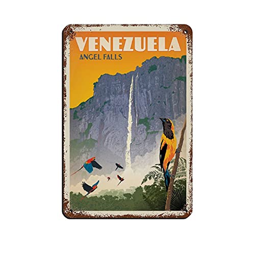 Reise-Poster, Venezuela, Angel Falls, Vintage-Blechschild, 20,3 x 30,5 cm, für Zuhause, Büro, Küche, Pub, Club, Café, Bar, Bauernhof, Restaurant, Sammlung, Metall-Wandkunst, Retro-Plakette
