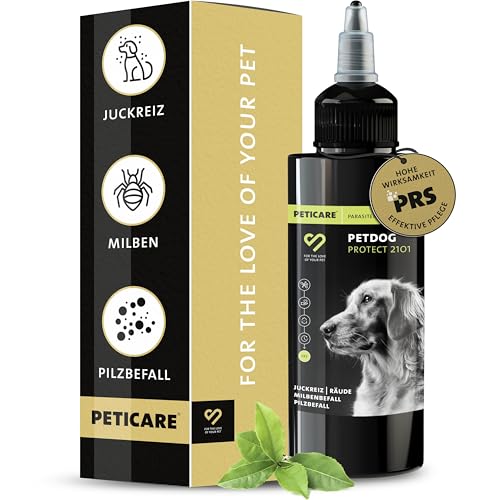 Peticare Anti-Parasiten Mittel für Hunde | gegen Milben, Flöhe, Pilze | lindert effektiv Juckreiz & unterstützt Regenerationsprozess | einzigartiges PRS® System für lange Wirkung – petDog Protect 2101