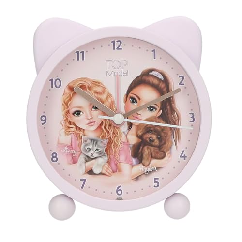 Depesche 13548 TOPModel Kitty and Doggy - Wecker in Rosa für Kinder, mit Hunde und Katzen Motiv und Ohren, lautlose Uhr mit Licht-Funktion, inklusive Batterie