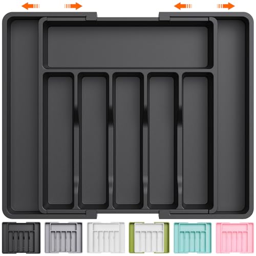 Lifewit Besteckkasten für Schubladen,verstellbarer Besteckhalter Utensilienhalter für Küchenschubladen, Schubladeneinsatz Besteckeinsatz für Küche Organizer aus Kunststoff für Löffel,Gabeln, Schwarz
