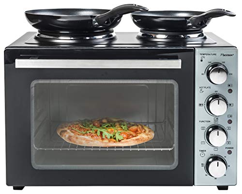 Bestron AOV31CP Kleinküche, Mini-Backofen mit Doppelkochplatte, Ober-/Unterhitze mit Umluftfunktion bis 230°C, 3200 Watt, Schwarz