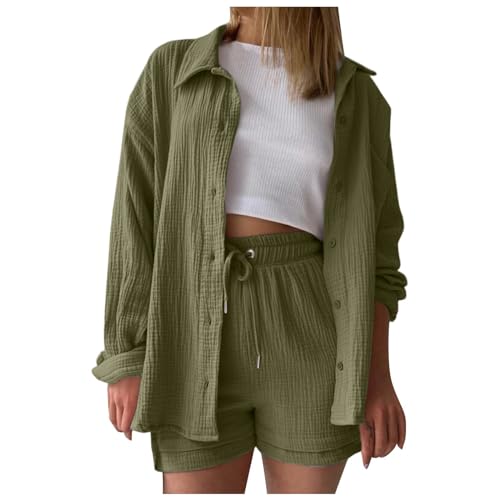 Generisch Zweiteiler Damen Sommer Outfits Musselin Bluse und Shorts, Aesthetic 2 Teiler Lounge Set Elegant Baumwolle Sportanzug Oversize Hosenanzug Langarm Hausanzug Y2K Clothes