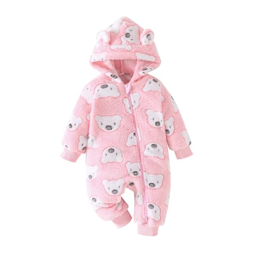Yanmucy Neugeborenes Baby Winter Strampler mit Kapuze Cartoon Bär Baby Schneeanzug Warm Fleece Reißverschluss Baby Mädchen Junge Overall 0-18 Monate (Rosa, 3-6 Monate)