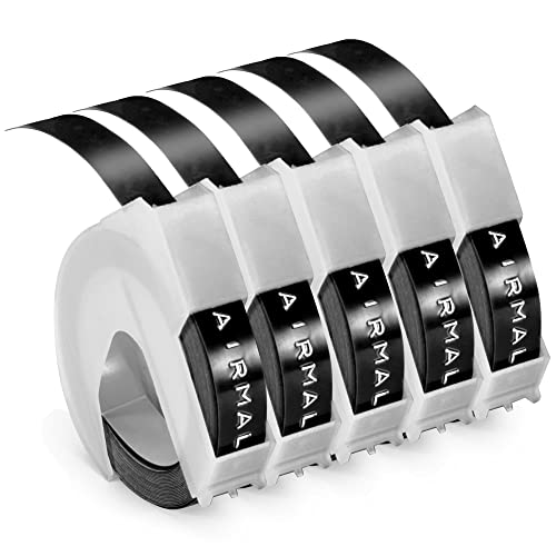 Prägegerät Etiketten kompatibel mit Dymo Prägeband 9mm Schwarz, kompatibel mit Selbstklebendes 3D Dymo Omega Etikettenband Schwarz, Kunststoff-Prägeetiketten für Omega Junior Prägegerät, 5 Rollen