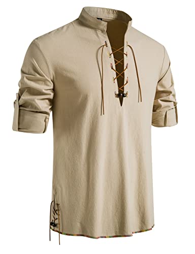 LucMatton Herren Retro Schnürung Mittelalter Kostüm Shirts für Halloween Cosplay Wikinger Pirat Steampunk Vampir Renaissance Gothic Viktorianische Kleidung Khaki Klein