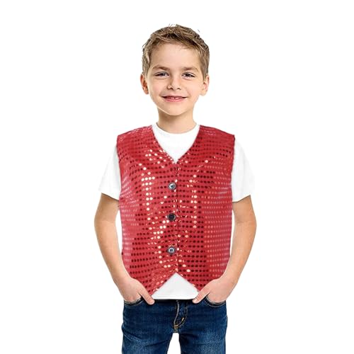 Kinder Pailletten Weste ärmellos V-Ausschnitt, Glitzer Weste Jacke Festlich Party Tanzbekleidung Bühnenauftritt Hip Hop Jazz Street Dance Kleidung Tanzkostüm Performance-Kostüm (Red, 6-7 Years)