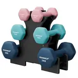 SONGMICS Kurzhantel Set, Hexagon, mit Hantelständer, 2 x 1 kg, 2 x 2 kg, 2 x 3 kg, mattes Finish, Neopren-Beschichtung, Krafttraining, zu Hause, limettengrün, rosa, aquamarin und blau SYL612MK